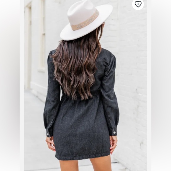 Black Denim Long Sleeve Button Up Mini Dress - Picture 4 of 4